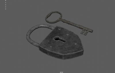 中世纪复古锁,旧锁和钥匙 ,古董锁3dmaya模型