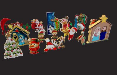 雪人,驯鹿,圣诞树,圣诞老人等圣诞节装饰品摆件集合3D模型