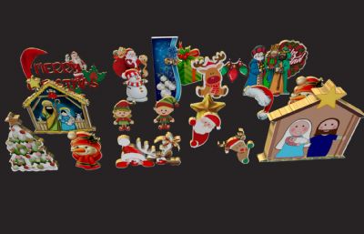 雪人,驯鹿,圣诞树,圣诞老人等圣诞节装饰品摆件集合3D模型