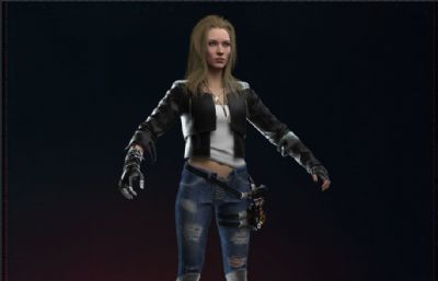 长发女枪手游戏角色FBX模型,有贴图