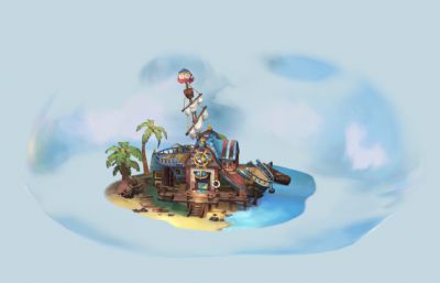Q版梦幻小岛木屋,海盗船造型房子OBJ模型