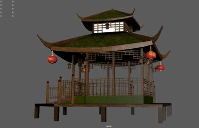 中式凉亭,古建四角亭,双层亭3dmaya模型