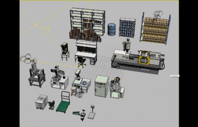 货架,钻床等生产车间,生产仓库工厂设备用品3D模型