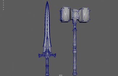 铁锤,维京战锤+魔幻宝剑,游戏武器3dmaya模型