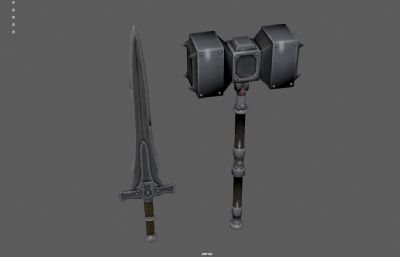 铁锤,维京战锤+魔幻宝剑,游戏武器3dmaya模型