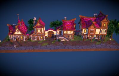 游戏小城镇,幻想小镇FBX模型,带贴图