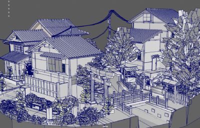 京都城市场景,日式古城房屋,日式小镇商铺3dmaya模型