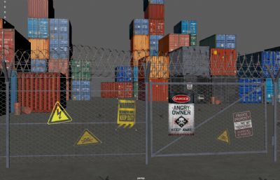 海运集装箱港口,铁丝围栏集装箱码头,物流港工业场景3dmaya模型