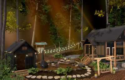 森林庭院小木屋,民宿3D模型