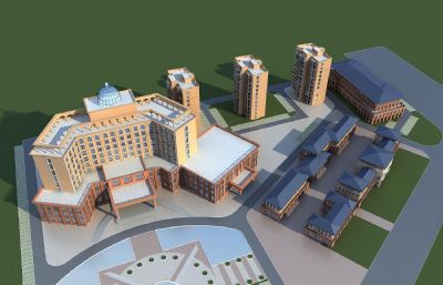 度假酒店+商业步行街+居民楼3D模型