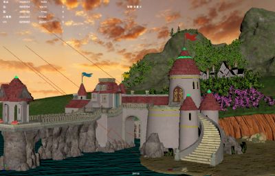 卡通城堡,梦幻湖边城堡,王国入口场景Maya模型
