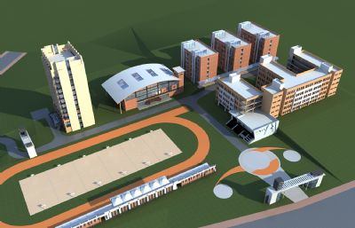 学校球场看台,食堂,宿舍,教学楼整体规划设计3dmax模型