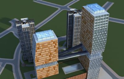 连廊双子塔大厦,地标建筑,城市中心3dmax模型
