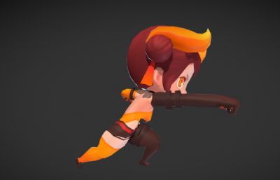 卡通武术小女孩,牛角怪3D模型,带一套武术动作