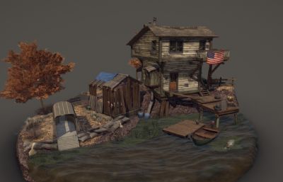 美式河边木屋,林中小屋,钓鱼处,农家乐渔庄3dmaya模型