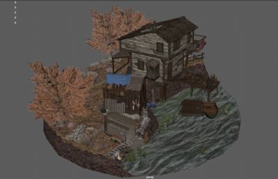 美式河边木屋,林中小屋,钓鱼处,农家乐渔庄3dmaya模型