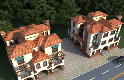 欧式三联排别墅,独栋别墅,花园洋房3D模型