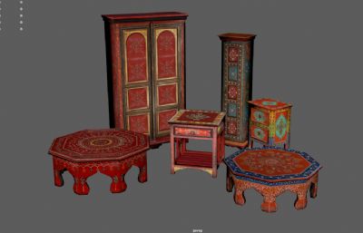 印印度皇家木桌,欧式橱柜,皇宫家具组合3dmaya模型