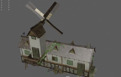 风车小屋,风车木屋,欧式风车房屋3dmaya模型