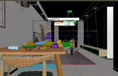 现代简约奶油风客厅,餐厅3D模型