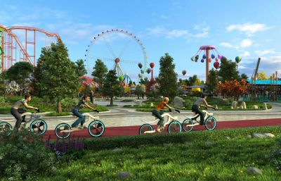 雄安智慧公交,公园骑自行车,游乐场骑车场景3D模型