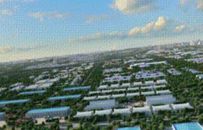 临港经济开发区工厂厂房穿梭动画场景,鸟瞰厂区规划
