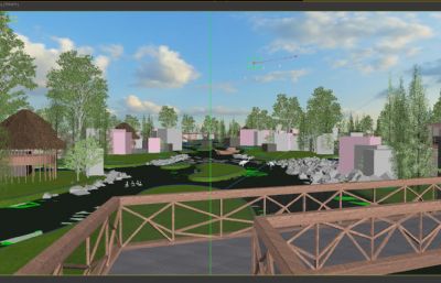 双洎河湿地公园景观,栅栏木桥,茅草屋场景3D模型