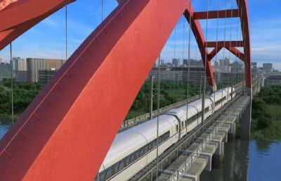 江西铁路施工场地,动车高铁穿过湿地高架桥场景,湿地河流3D模型