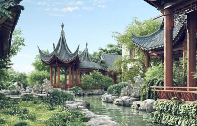 中式别墅住宅园林景观,苏州园林凉亭,中式庭院景观