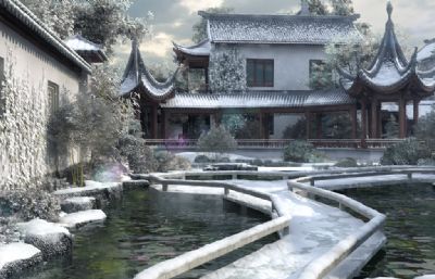 冬季的皇家花园,苏州园林,中式庭院雪景3D模型