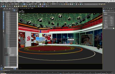 党建100周年背景的虚拟演播室,电视台节目录播厅场景3D模型