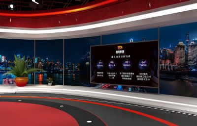 党建100周年背景的虚拟演播室,电视台节目录播厅场景3D模型