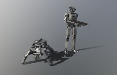 科幻机器人,巡逻机甲战士+四足机甲辅助机器人