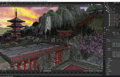 日本寺庙,日式寺庙建筑,鸟居大场景blender模型