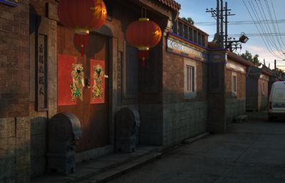 老北京胡同大宅门 老街巷子 门前灯笼 电线杆电线