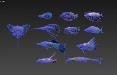 11种外星鱼类组合,带游动动画,绑定