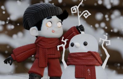 卡通男孩与小雪人在雪中玩耍场景blender模型