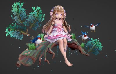 森林树木上静坐的二次元小女孩blender模型