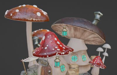 卡通蘑菇屋,蘑菇房子blender模型