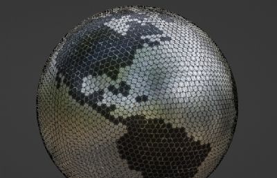金属质感的六边形拼成的地球地图blender模型