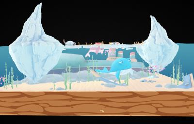 南北极冰山,海底沉船剖面切面场景blender模型