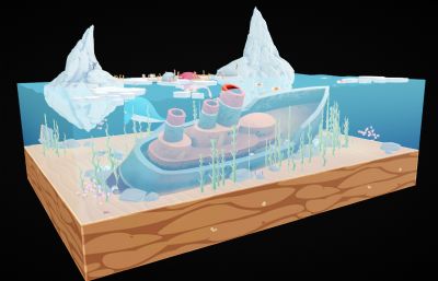 南北极冰山,海底沉船剖面切面场景blender模型