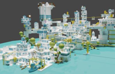 卡通海滨城市,海港城市blender模型