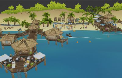 海边度假村,卡通海滩休闲娱乐场景blender模型