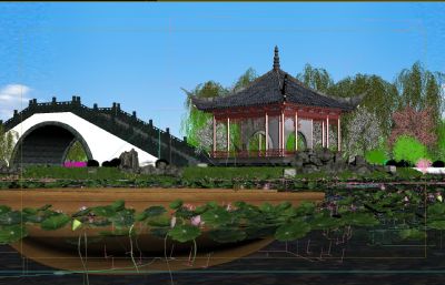 中式园林小桥流水木船,凉亭荷花池,观景亭