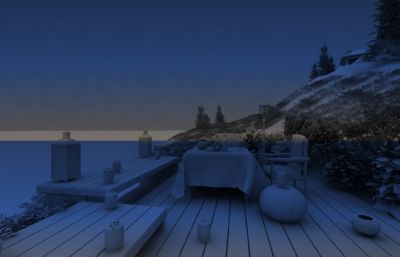 海边晓静,海岸意境,滨水酒店晚霞景观3dmax模型