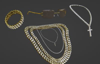 金项链,手镯,墨镜首饰组合blender模型