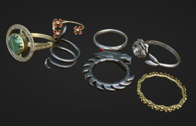 各种造型的戒指,宝石戒指,金戒指blender模型