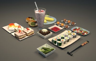 蛋糕,饮料,沙拉等美食食物组合3dmax模型