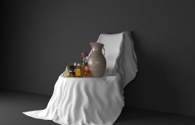 陶罐,酒水,奶酪等静物组合3dmax模型
